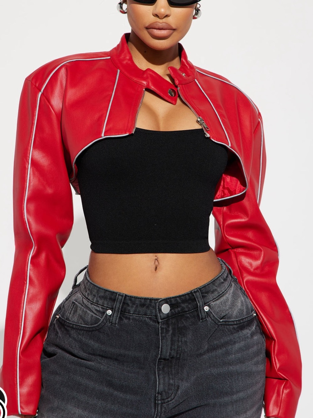 Red Cropped Faux Leather Jacket - Women